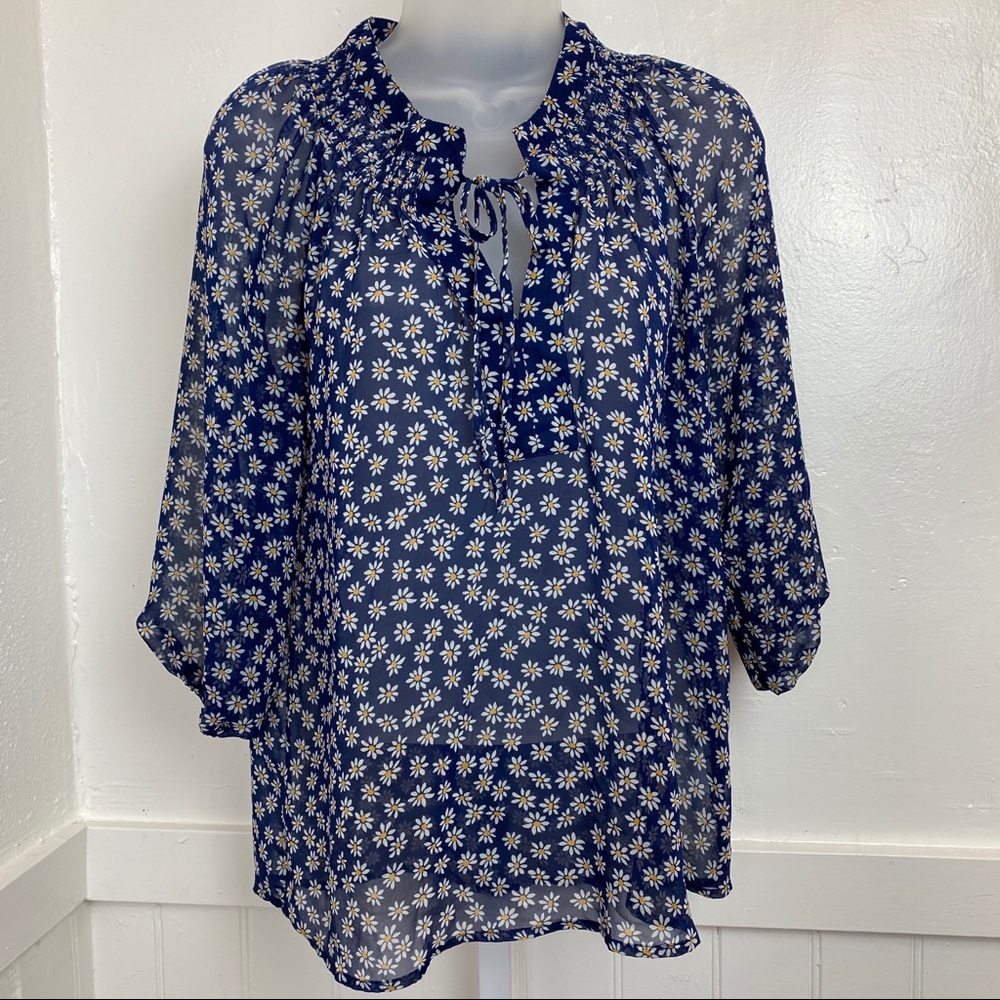 DownEast Dark Blue Boho Floral Blouse/Top EUC | S